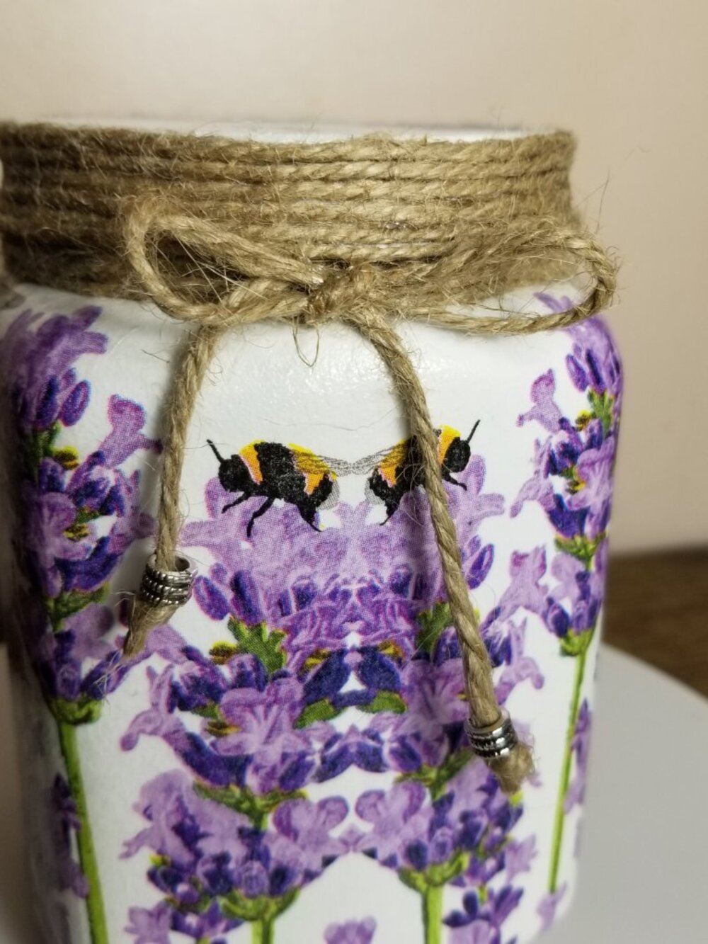 Purple Floral Glass Jar and Lid, Beads and Twine Accents
